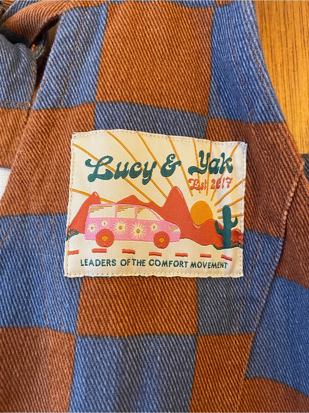 Lucy & Yak Checkerboard Tie-Strap Overalls - Blue & Brown - Picture 7 of 8